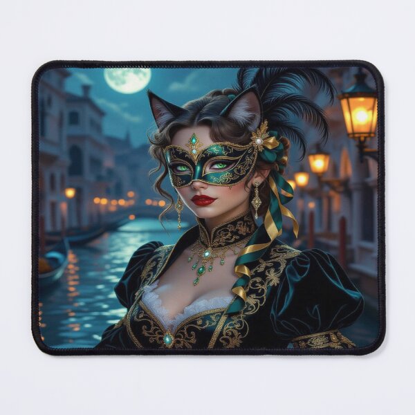 Item preview, Moonlit Masquerade – Masked woman with feline grace & brocade dreams between lagoon light and transformation designed and sold by FotoworldEdel.