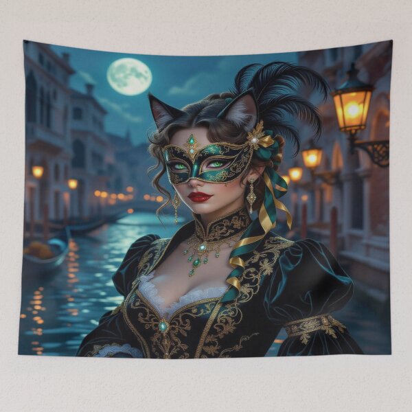Item preview, Moonlit Masquerade – Masked woman with feline grace & brocade dreams between lagoon light and transformation designed and sold by FotoworldEdel.
