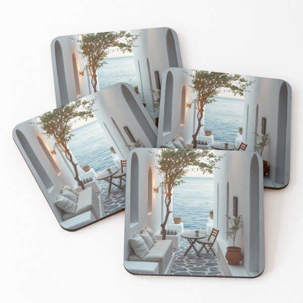 Item preview, Santorini Style Seaside Patio | Whitewashed Alley with String Lights & Ocean View designed and sold by Jade Ado.