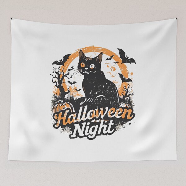 Item preview, Spooky Halloween Night – Black Cat, Bats, and Glowing Pumpkin under Haunted Trees designed and sold by Ink-Lift Creations.