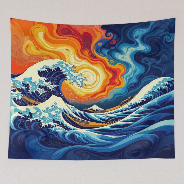 Item preview, WaveDrama & SunsetFire – Boats in Chaos, Fuji in Silence, between Tradition & CosmicGlow designed and sold by FotoworldEdel.