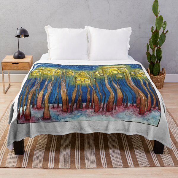 Item preview, Golden stilt-houses at night designed and sold by lunarbonesart.
