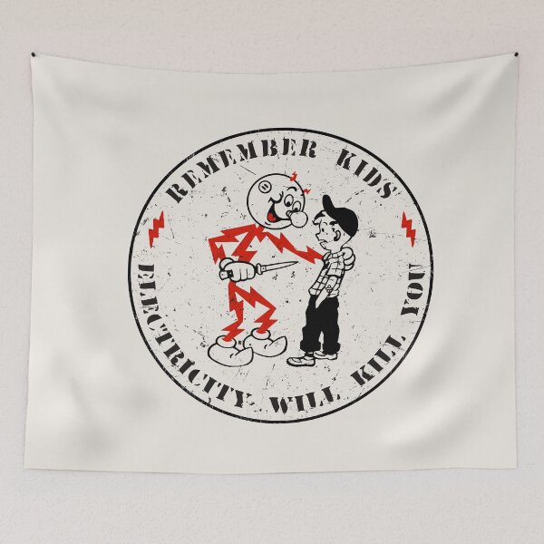 Item preview, Reddy Kilowatt vintage sparky, funny electrician, remember kids electricity will kill you, electric hazard warning, lineman hard hat  designed and sold by CharmedVille.