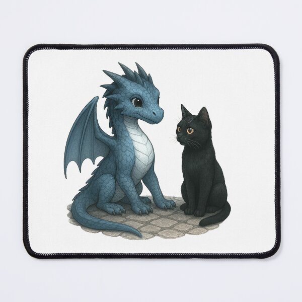 Item preview, Blue Baby Dragon and Black Cat – Whimsical Fantasy Friendship Illustration designed and sold by Hatchling Hollow.