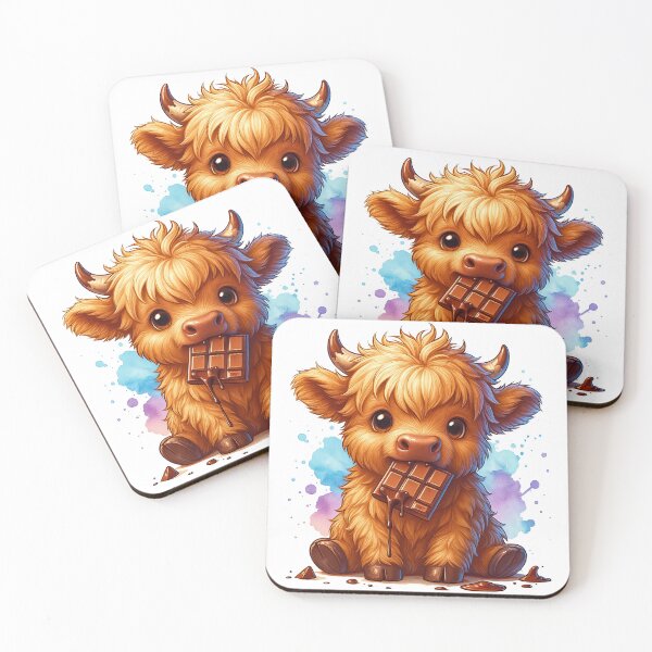 Item preview, Cute Baby Highland Cow Eating Chocolate Illustration designed and sold by ArtfulWeave.