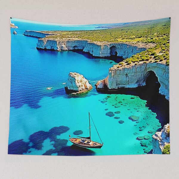 Item preview, Sailboat Cliffside Sanctuary Art designed and sold by Health And Fitness Posts e-Store.