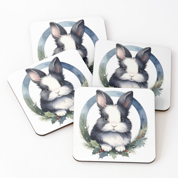 Item preview, Black and white lionhead rabbit in Christmas wreath watercolor designed and sold by LiskoDesign.