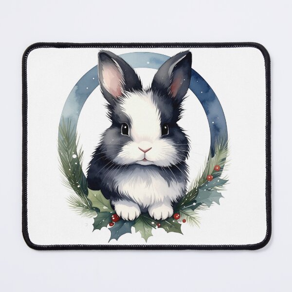 Item preview, Black and white lionhead rabbit in Christmas wreath watercolor designed and sold by LiskoDesign.
