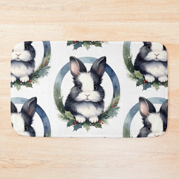 Item preview, Black and white lionhead rabbit in Christmas wreath watercolor designed and sold by LiskoDesign.