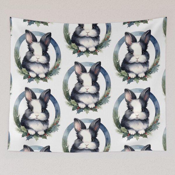 Item preview, Black and white lionhead rabbit in Christmas wreath watercolor designed and sold by LiskoDesign.