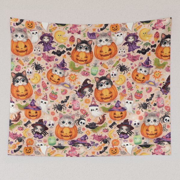 Item preview, Chibi Halloween Kitten Chaos Pattern: Spooky Cute Pumpking designed and sold by MoonlitDoodles1.