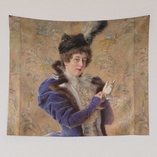 Item preview, Painting of a Lady in blue vintage art designed and sold by Vintage Designs +.