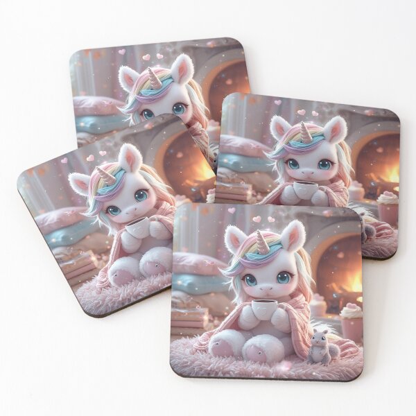 Item preview, Pastel Kawaii Rainbow Unicorn Sitting By A Cozy Fire Drinking Hot Chocolate With Friends designed and sold by MakersFolly.