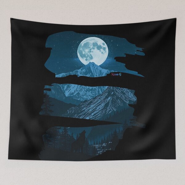 Item preview, Mountain landscape at night, full moon and a single wolf howling Embrace the Night 3 designed and sold by Neon G.