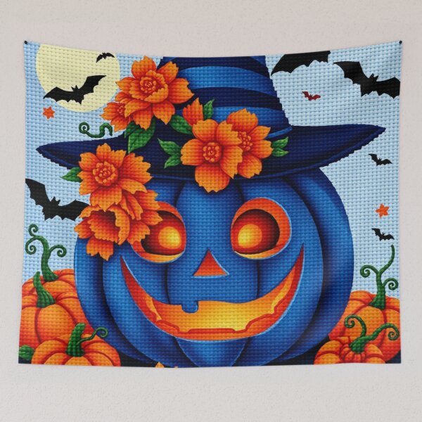 Item preview, Blue Pumpkin Witch Hat Cross-Stitch Art – Halloween Embroidery Design designed and sold by MiraLumeStudio.
