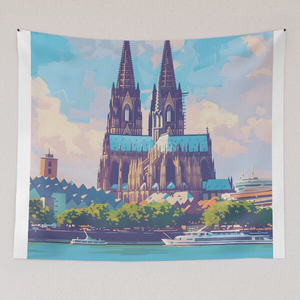 Item preview, Cologne Germany Cathedral Rhein River Vintage Poster designed and sold by LaFabricaArt.