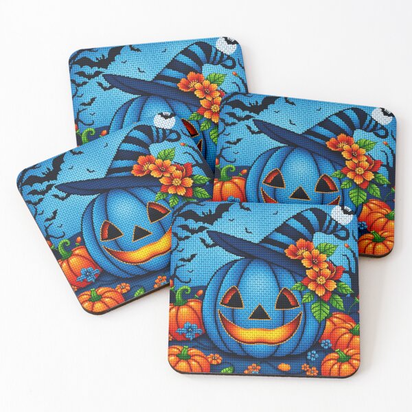 Item preview, Jack-o’-Lantern Cross Stitch with Flowers and Bats – Cozy Halloween Decor designed and sold by MiraLumeStudio.