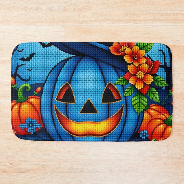 Item preview, Jack-o’-Lantern Cross Stitch with Flowers and Bats – Cozy Halloween Decor designed and sold by MiraLumeStudio.