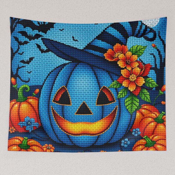 Item preview, Jack-o’-Lantern Cross Stitch with Flowers and Bats – Cozy Halloween Decor designed and sold by MiraLumeStudio.
