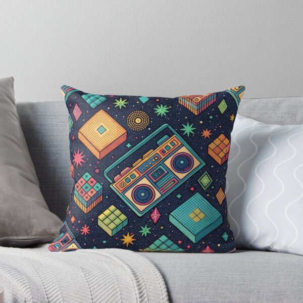 Artikelvorschau, Geometrisches Retro-Muster der 80er – Neon-Boombox- und Rubik-Würfel-Design entworfen und verkauft von NoctaHike.