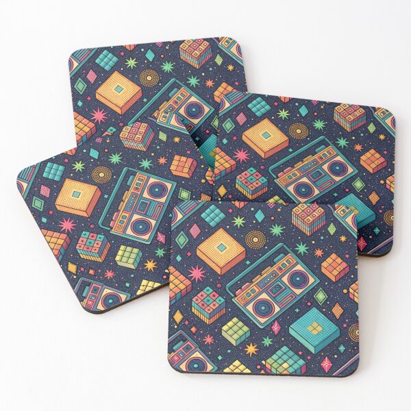 Artikelvorschau, Geometrisches Retro-Muster der 80er – Neon-Boombox- und Rubik-Würfel-Design entworfen und verkauft von NoctaHike.