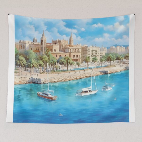 Item preview, Palma Spain Cathedral Harbor Vintage Travel Poster designed and sold by LaFabricaArt.
