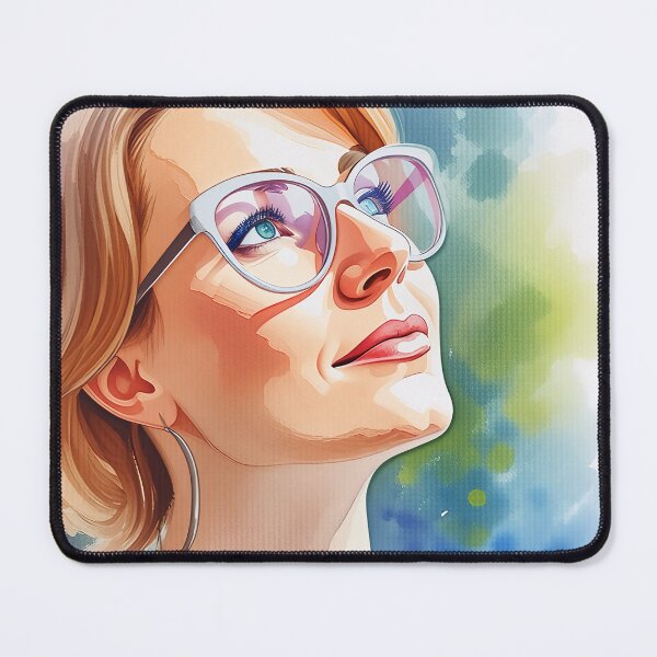 Item preview, Vibrant Portrait Of A Woman Looking Up With Glasses In A Colorful Watercolor Style designed and sold by AuroraPublishing.