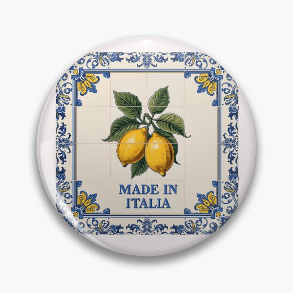 Item preview, Sicily ceramic tile look, ornate blue borders, lemons at center — text: Made in Italia — detailed hand-painted feel designed and sold by Sun Sand & Sea Art.