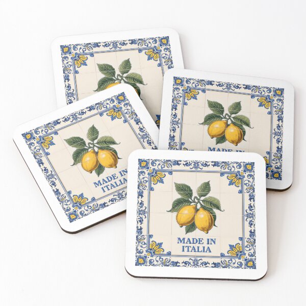 Item preview, Sicily ceramic tile look, ornate blue borders, lemons at center — text: Made in Italia — detailed hand-painted feel designed and sold by Sun Sand & Sea Art.