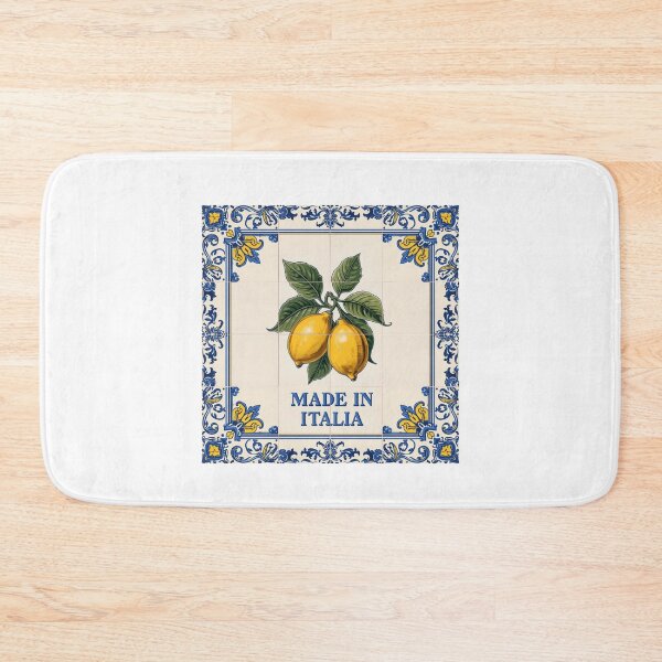 Item preview, Sicily ceramic tile look, ornate blue borders, lemons at center — text: Made in Italia — detailed hand-painted feel designed and sold by Sun Sand & Sea Art.