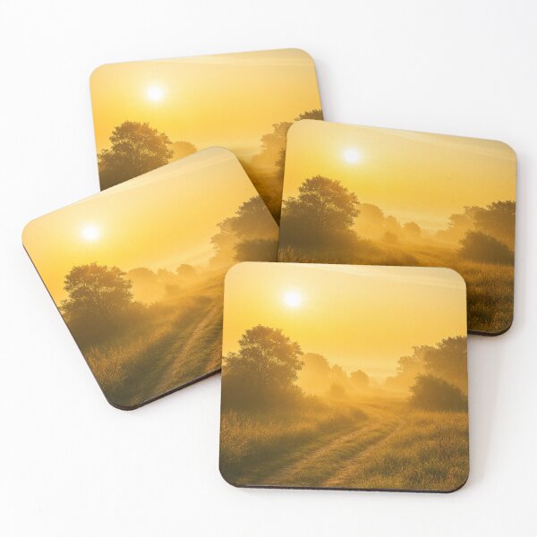 Item preview, sunrise, morning light, golden hour, misty landscape, nature, countryside, peaceful, warm tones, rural path designed and sold by Leonornature.