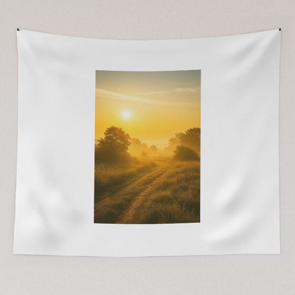 Item preview, sunrise, morning light, golden hour, misty landscape, nature, countryside, peaceful, warm tones, rural path designed and sold by Leonornature.