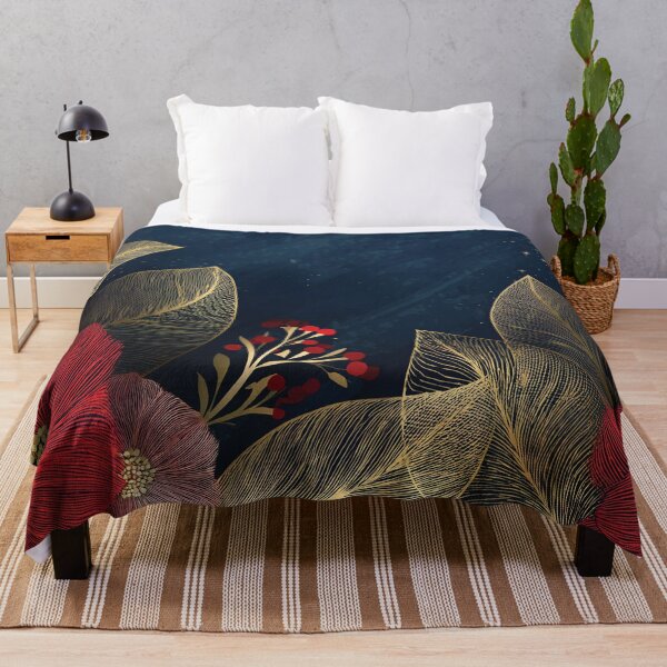 Item preview, Navy blue, crimson red and gold leaf botanicals winter holiday season florals and foliage, Festive flowers designed and sold by navitalidesign.