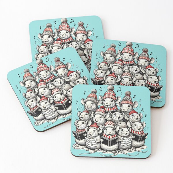 Item preview, Christmas mice in Santa hats singing carols, ink drawing designed and sold by Meandmyshop.