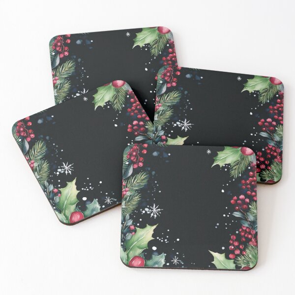 Item preview, Festive holiday holly berry wreath, red and green holiday floral watercolor painting, black background,  winter holiday season decor  designed and sold by navitalidesign.