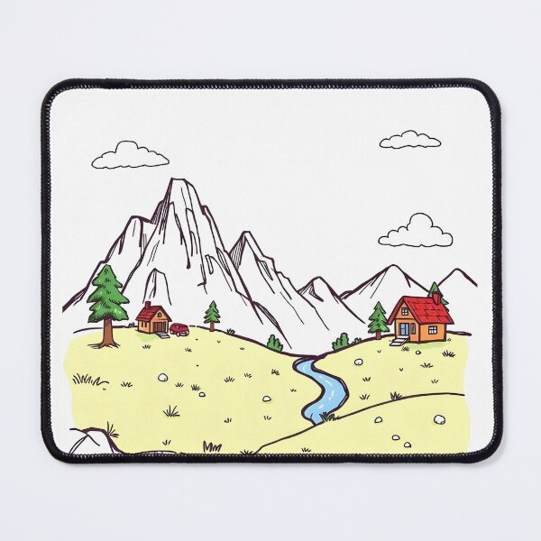 Item preview, Simple Cartoon Mountain Landscape with River and Cottages - Nature Doodle designed and sold by Greemo03.