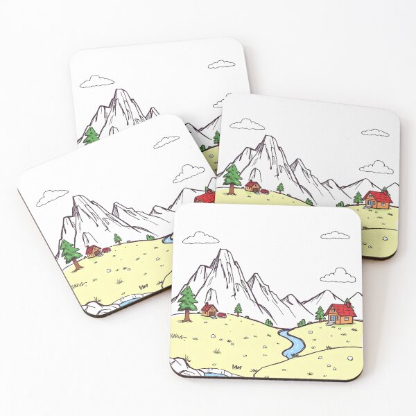 Item preview, Simple Cartoon Mountain Landscape with River and Cottages - Nature Doodle designed and sold by Greemo03.