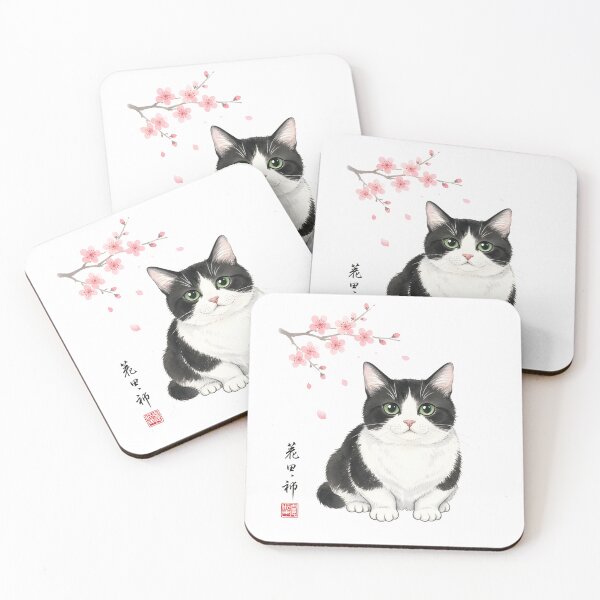 Item preview, Cute Black and White Cat with Japanese Cherry Blossoms - Bicolor Munchkin designed and sold by logicfun.
