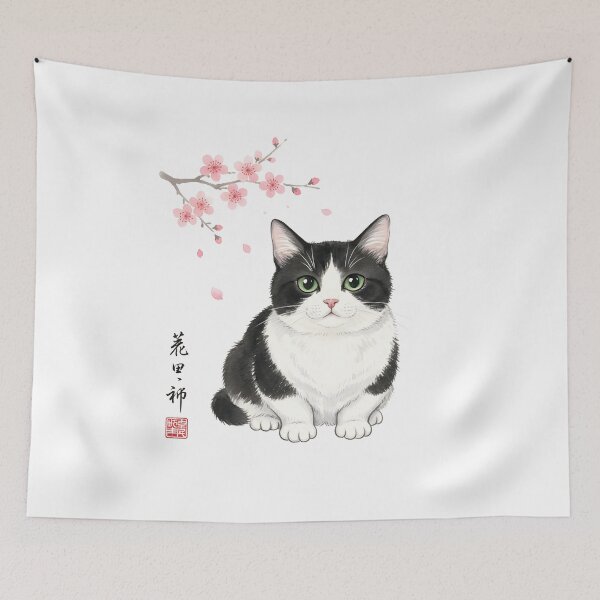 Item preview, Cute Black and White Cat with Japanese Cherry Blossoms - Bicolor Munchkin designed and sold by logicfun.