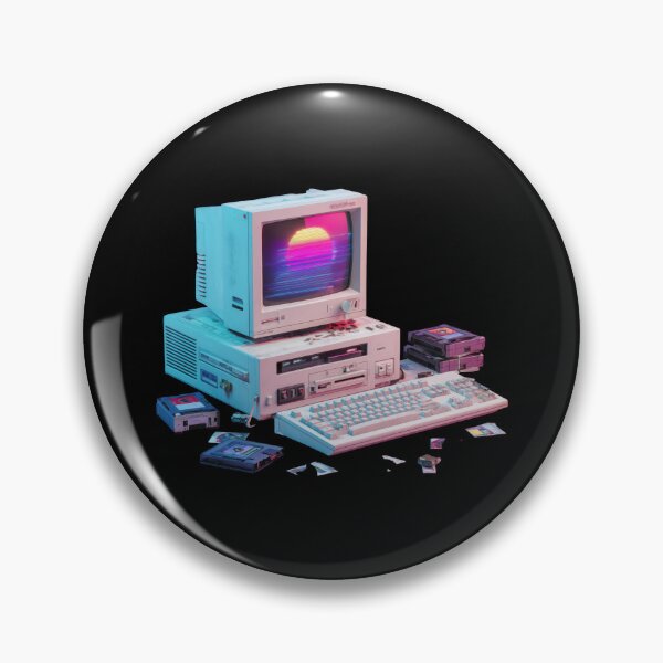 Item preview, retro 90s computer setup with CRT monitor glowing in neon purple and blue, surrounded by floppy disks and old keyboard, evokes nostalgic Y2K cyber vibe designed and sold by DadGenX.