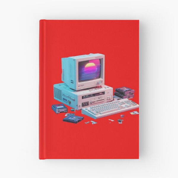 Item preview, retro 90s computer setup with CRT monitor glowing in neon purple and blue, surrounded by floppy disks and old keyboard, evokes nostalgic Y2K cyber vibe designed and sold by DadGenX.
