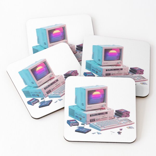 Item preview, retro 90s computer setup with CRT monitor glowing in neon purple and blue, surrounded by floppy disks and old keyboard, evokes nostalgic Y2K cyber vibe designed and sold by DadGenX.
