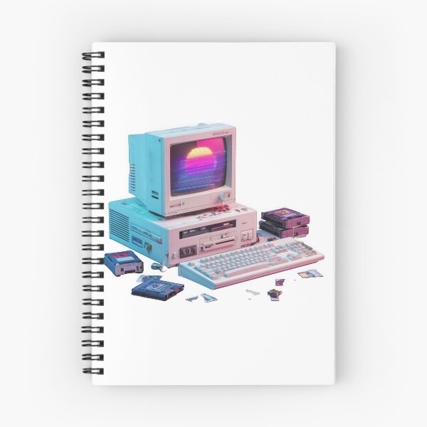 Item preview, retro 90s computer setup with CRT monitor glowing in neon purple and blue, surrounded by floppy disks and old keyboard, evokes nostalgic Y2K cyber vibe designed and sold by DadGenX.