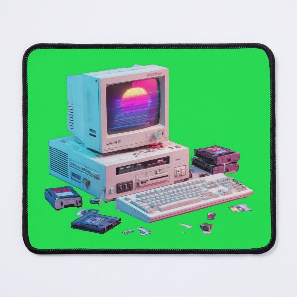 Item preview, retro 90s computer setup with CRT monitor glowing in neon purple and blue, surrounded by floppy disks and old keyboard, evokes nostalgic Y2K cyber vibe designed and sold by DadGenX.