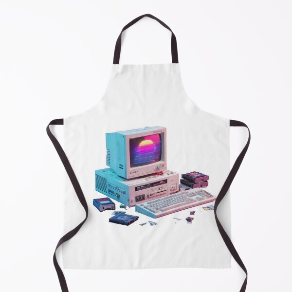 Item preview, retro 90s computer setup with CRT monitor glowing in neon purple and blue, surrounded by floppy disks and old keyboard, evokes nostalgic Y2K cyber vibe designed and sold by DadGenX.