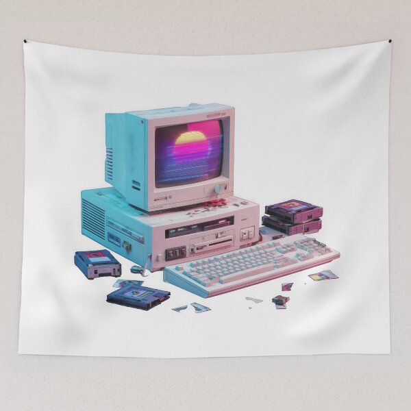 Item preview, retro 90s computer setup with CRT monitor glowing in neon purple and blue, surrounded by floppy disks and old keyboard, evokes nostalgic Y2K cyber vibe designed and sold by DadGenX.