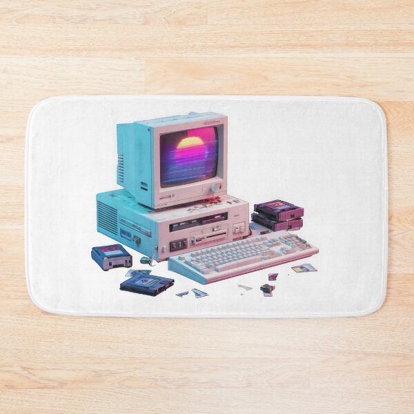 Item preview, retro 90s computer setup with CRT monitor glowing in neon purple and blue, surrounded by floppy disks and old keyboard, evokes nostalgic Y2K cyber vibe designed and sold by DadGenX.