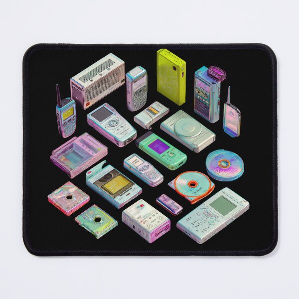 Item preview, vibrant collage of vintage 2000s tech gadgets, including old mobile phones, MP3 players, CDs, and handheld gaming devices, evokes nostalgia with its colorful Y2K design designed and sold by DadGenX.