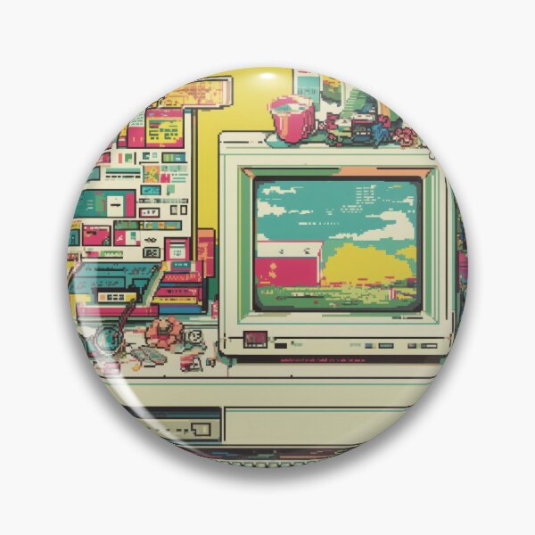 Item preview, retro computer setup with colorful pastel software icons and pop up windows evokes nostalgia for 1990s technology. scene includes desktop, old software, and various accessories designed and sold by DadGenX.