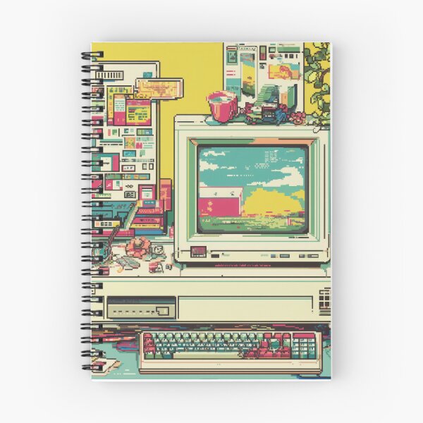 Item preview, retro computer setup with colorful pastel software icons and pop up windows evokes nostalgia for 1990s technology. scene includes desktop, old software, and various accessories designed and sold by DadGenX.